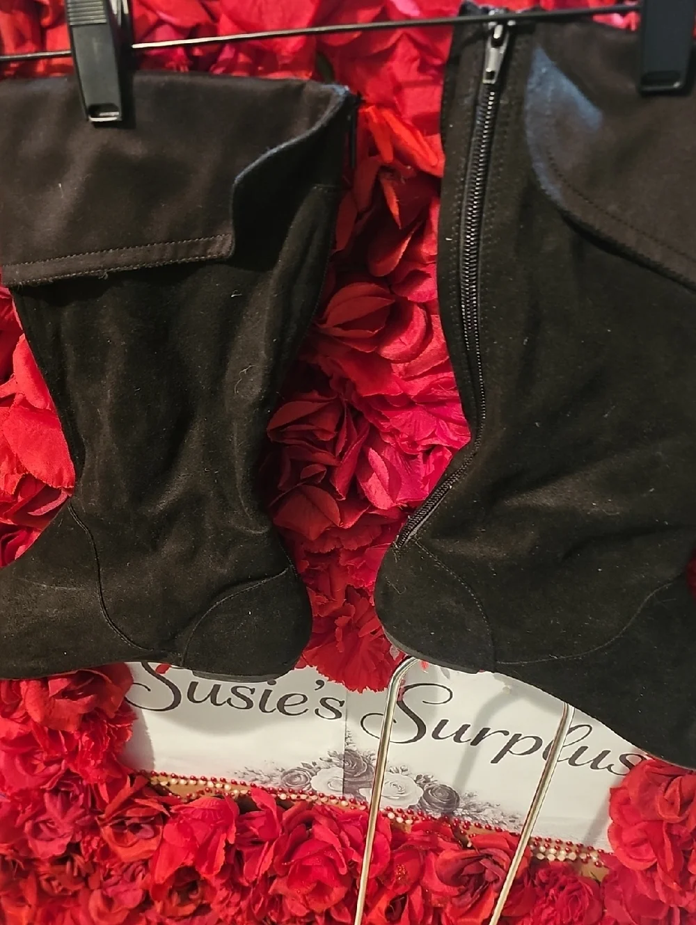 American Eagle Black Knee-High Fold-Over Faux Suede Boots with Heart Size 4½
